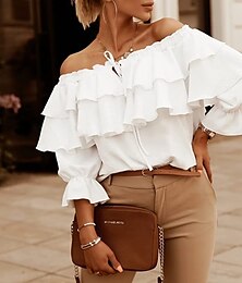 economico -Camicia Blusa Per donna Nero Bianco Rosso Tinta unita / tinta unita Lacci Con balze Giornaliero Di tendenza Senza spalline Standard S