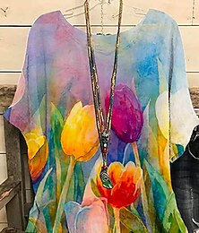 billige -Dame Plusstørrelser T-shirt Bluse Chiffon Blomstret Grafisk Trykt mønster Daglig Weekend Basale Dolman Ærmer Kortærmet Rund hals Blå Sommer Forår