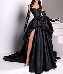 cheap -A-Line Evening Gown Black Dress Plus Size Dress Carnival Masquerade Court Train Sleeveless Strapless Wednesday Addams Family Satin with Slit Pure Color Prom 2024