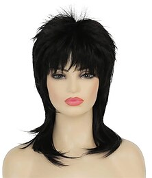 baratos -Peruca Short Preta Peruca Desfiada em Camadas Peruca Mullet Anos 80 para Mulheres Peruca Cacheada Preta Resistente ao Calor Fantasia Dia a Dia Perucas de Halloween