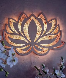 abordables -Flor de loto luz mandala noche luz interior led blanco cálido madera tallada con láser tridimensional led lámpara de pared decorativa