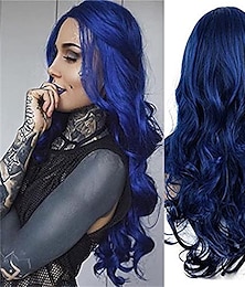 baratos -Perucas azuis para mulheres longo encaracolado ondulado parte média sintético natural olhando resistente ao calor peruca cosplay festa