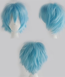 economico -parrucca per capelli cosplay da donna e da uomo, corta e diritta, abito da festa anime, soffici parrucche complete, azzurro