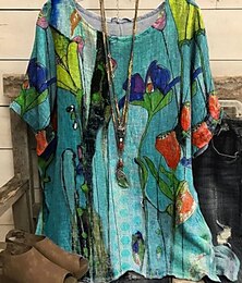 billige -Dame Store størrelser T skjorte Bluse Blomstret Grafisk Grunnleggende Kortermet Dolman Ermer Crew-hals Daglig Helg Trykt mønster Blå Sommer Vår