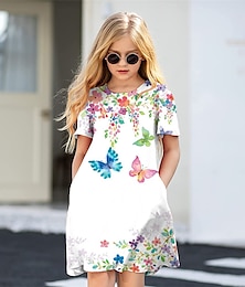 cheap -Kids Little Girls' Dress Floral Butterfly Animal A Line Dress Daily Holiday Vacation Print White Above Knee Short Sleeve Casual Cute Sweet Dresses Spring Summer Regular Fit 3-12 Years
