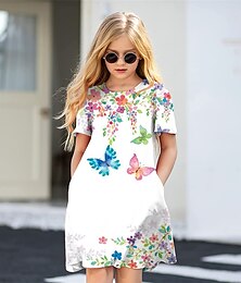 abordables -Niños Poco Chica Vestido Floral Mariposa Animal Vestido de una línea Diario Festivos Vacaciones Estampado Blanco Sobre la rodilla Manga Corta Casual Estilo lindo Dulce Vestidos Primavera Verano