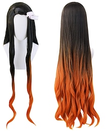 economico -Parrucca Cosplay Femminile Lunga Nera con Gradiente Arancione Capelli Wave Parrucche di Halloween