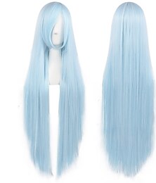 baratos -Peruca azul clara de 100 cm para mulheres meninas cosplay peruca reta com franja peruca de cabelo sintético traje para anime festa de halloween