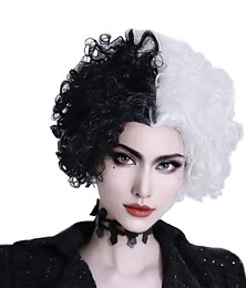 abordables -Perruques de cosplay Noir Blanc Couleur mixte Bouclé Cheveux synthétiques Long Perruques Femmes Perruques Pour la fête