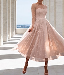 economico -Abito Piccolo Bianco per Ricevimento Abiti per Bridal Shower Abiti da Matrimonio A-Line Collo Illusione Maniche Lunghe Lunghezza al Ginocchio Abiti da Sposa in Raso con Perle e Perline