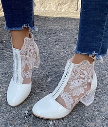 abordables -Botines de encaje blanco para mujer con tacón de bloque transparente: perfectos para bodas y eventos especiales