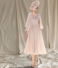 abordables -Robe de mère de la mariée en A-line Deux pièces Invité de mariage Église Élégante Col V Longueur thé Chiffon Sans manches Veste incluse avec appliques 2025 taille sur mesure gratuite