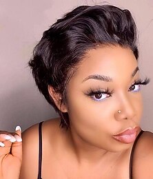 abordables -Perruque Cheveux Naturel Rémy Devant en dentelle 13x1 Cheveux Brésiliens Droit Naturel Coupe Lutin Partie libre Femme Densité 120% Ligne de Cheveux Naturelle 100% vierge Court Couleur naturelle