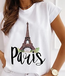 abordables -Camiseta de Mujer 100% Algodón Estampado de la Nueva Torre de París Casual Cuello Redondo Personalizada Linda y Simple