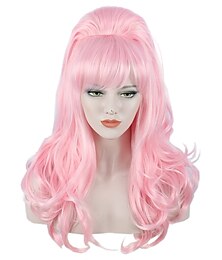 economico -Peruca lunga ondulata rosa grande bouffant beehive per donne adatta per Halloween degli anni '50 e '80
