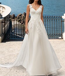 economico -Abiti da matrimonio aperti dietro A-Line scollo a V senza maniche strascico in pizzo abiti da sposa con applicazioni