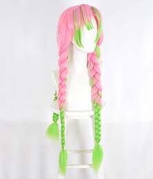 abordables -Perruques de cosplay Rose Vert Couleur mixte Lisse Cheveux synthétiques Long Perruques Femmes Perruques Pour la fête