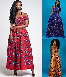 זול -בגדי ריקוד נשים שמלות תלבושות אפריקאיות מודרניות בוהו הדפס אפריקאי קיטנג' סירה מתחת לכתפיים שחקנית ראשית נשף מסכות מבוגרים שמלה מפלגה