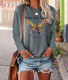 cheap -Women's T shirt Tee Black Pink Blue Butterfly Letter Print Long Sleeve Casual Hawaiian Round Neck Long Loose Fit Butterfly S