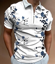cheap -Men's Polo Shirt Hawaiian Polo Shirt Street Casual Turndown Quarter Zip Short Sleeve Fashion Casual Floral Zipper Quarter Zip Spring & Summer Regular Fit White Brown Green Polo Shirt