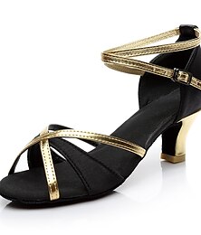 abordables -chaussures de danse en satin noir et doré pour femmes avec semelle en daim souple – sandales à talons hauts à lanières pour la danse de salon, la salsa et la danse latine