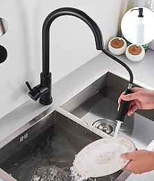 billige -køkkenvaskarmatur med udtrækssprøjte, drejelig beholderhane i rustfrit stål, sprayarmatur for regn/vandfald, sort/sølv køkkenarmatur med sæbedispenser