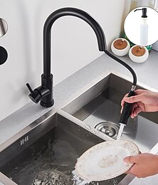 economico -rubinetto miscelatore lavello da cucina con spruzzatore estraibile, rubinetto girevole in acciaio inossidabile, rubinetto spray modalità pioggia / cascata, rubinetto da cucina nero e argento con distributore di sapone