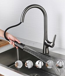 ieftine -robinet de bucătărie cu pulverizator, extras, cu 3 funcții, design cu butoane, un singur mâner, cu o gaură înaltă, cu arc înalt, robinete de bucătărie moderne și contemporane