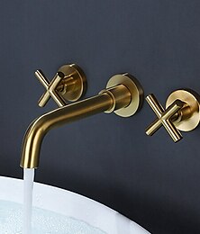 abordables -Robinet mitigeur mural pour évier de salle de bain, lavabo en or brossé mitigeur de lavabo en laiton et valve brute inclus avec double poignée pour robinet d'eau de navire