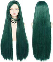 economico -Parrucca verde scuro lunga 100 cm con frangia parrucca cosplay dritta per donne ragazze uomini ragazzi parrucca sintetica per feste in costume per anime parrucca di Halloween parrucche per il giorno