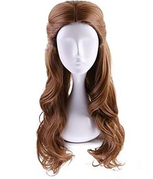 halpa -pitkät ruskeat aaltoilevat synteettiset hiukset, joissa on punottu nuttura peruukki naisille cosplay-peruukit