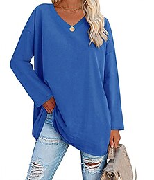 abordables -Mujer Camiseta Plano Básico Manga Larga Escote en Pico Tops regulares San Valentín Casual Fin de semana Blanco Amarillo Rosa Rojo Azul Piscina Otoño invierno