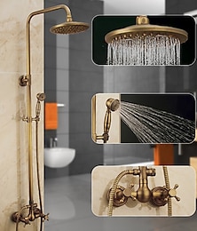 cheap -Vintage Shower System Faucet Combo Set Ceramic Mixer Valve, 8 inch Brass Rainfall Shower Head Showerhead with Handheld Spray, Antique Wall Mounted Tub and Shower Kit Bathroom Bath