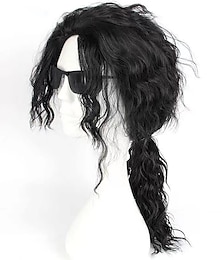 cheap -Super Star Imitation Cosplay Wigs for Men in the Heat Resistant Long Natural Black Curly Synthetic Ponytail Wigs Character Wig for The Imitator to Cherish and in Memory