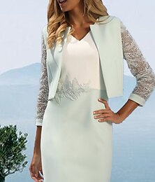 abordables -Robe mère de la mariée deux pièces robe ajustée invitée de mariage église élégante col en V longueur genoux chiffon dentelle manches courtes vestes courtes avec perles color block 2025 taille
