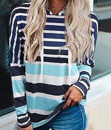 billige -dame hettegenser sweatshirt pullover aktive sportsklær stripet fritidssport hette hette snøring print lange ermer blågrønn høst &amp; vinter