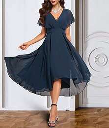 preiswerte -A-Linie Cocktailkleider Elegant Kleid kleid hochzeitsgast Partykleidung Knöchellänge Kurzarm V Ausschnitt Hochzeitsgast im Herbst Chiffon mit Pure Farbe mit Riemchen 2024