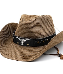 cheap -Women's Cowboy Hats Ethnic Style Straw Panama Hat Belt Cow Decorate Western Hats