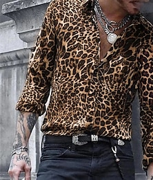 cheap -Men's Shirt Graphic Shirt Graphic Leopard Turndown Light Pink Blue Brown Green Gray 3D Print Street Casual Long Sleeve Button-Down Clothing Apparel Designer Breathable Comfortable