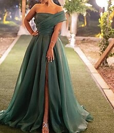 abordables -Robe de soirée en A Robe émeraude Invité de mariage Prom Traîne balayante/manche Courte avec Fente Oganza 2025