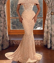 Χαμηλού Κόστους -Γοργόνα φόρεμα βραδινό φόρεμα λάμψη&amp; λάμψη φόρεμα χορού γενεθλίων ασύμμετρο κοντό μανίκι εκτός ώμου παγιέτα με παγιέτα 2024