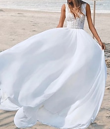 economico -Abiti da sposa da spiaggia abiti da matrimonio aperti dietro A-Line scollo a V senza maniche lungo fino al pavimento abiti da sposa in chiffon con/