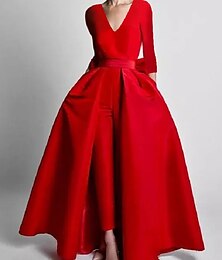 cheap -Two Piece Fall Wedding Jumpsuits Evening Gown Elegant Dress Red Green Dress Detachable Floor Length Long Sleeve V Neck Pocket Stretch Fabric with Butterfly 2024