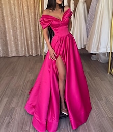 cheap -A-Line Evening Gown Party Dress Sexy Dress Prom Birthday Floor Length Short Sleeve Off Shoulder Satin with Slit Pure Color 2024