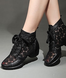 abordables -Mujer Zapatos de Jazz Botas de Baile Rendimiento Exterior baile cuadrado Moda Suela Dividida Encaje Tul Talón grueso Dedo redondo Cordones Adulto Negro Blanco