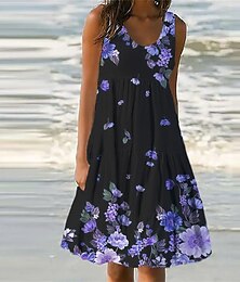 cheap -Women's Casual Dress Shift Dress Sundress Floral Pocket Print U Neck Midi Dress Daily Beach Sleeveless Summer Spring