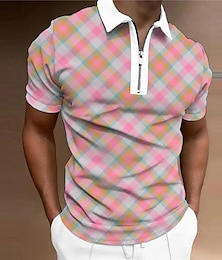 billiga -Herr POLO Shirt Golftröja Rutig Nedvikt Rodnande Rosa 3D-tryck Utomhus Gata Kort ärm Dragkedja Mönster Kläder Mode Designer Ledigt Andningsfunktion