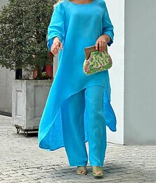 abordables -Femmes Streetwear Chemise Ensembles deux pièces Ensembles de Pantalons manche longue Col ras du cou Couleur Unie Occasionnel Week-end Rose Claire Bleu Violet Coupe régulière