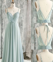 cheap -A-Line Bridesmaid Dress V Neck / Spaghetti Strap Sleeveless Sexy Floor Length Chiffon / Lace with Appliques 2023