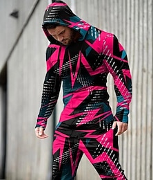 cheap -Men's Tracksuit Hoodies Set Yellow Light Green Pink Purple Green Hooded Graphic Geometric 2 Piece Print Sports & Outdoor Casual Sports 3D Print Streetwear Sportswear Basic Spring Fall Clothing Apparel